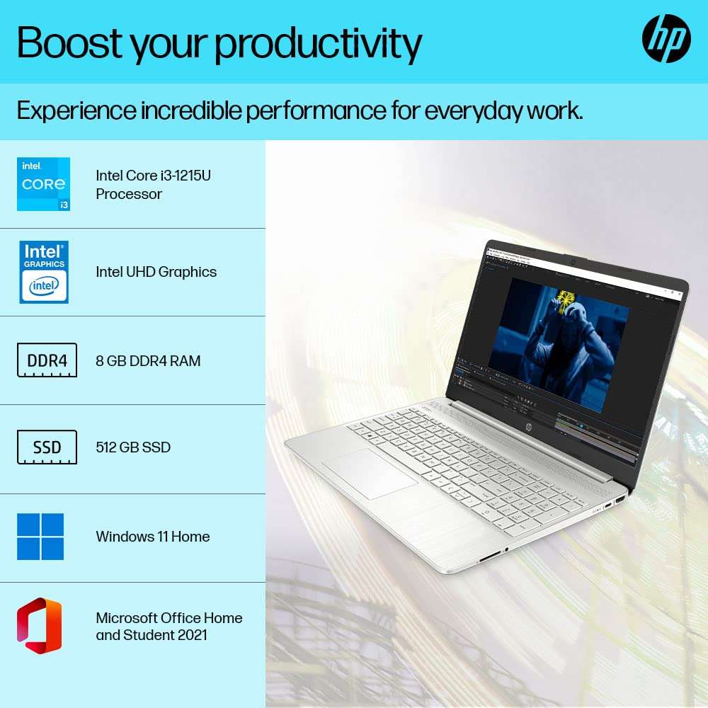 HP Laptop 15s, 12th Gen Intel Core i3-1215U, 15.6 inch(39.6cm) FHD Laptop(8GB RAM,512GB SSD,Intel UHD Graphics,Alexa,Dual Speakers,Numeric Keypad,Win 11,MSO 211.69 Kgs,Natural Silver) 15s-fr5009TU 3