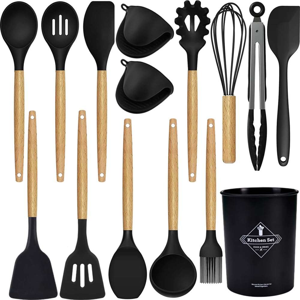 15-Piece Silicone Wooden Handle Kitchen Utensils Set, Cooking Tools with Holder, Kitchen Gadgets for Non-Stick Cookware 1