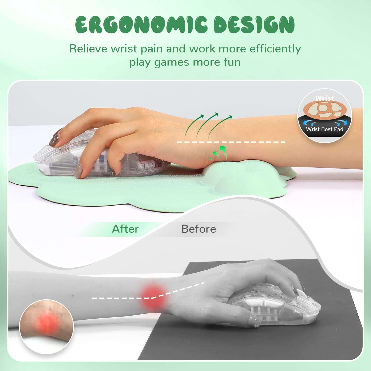 Gaming Mouse Pad Wrist Rest,Ergonomic Cloud Wrist Rest Mousepad with Gel Memory Foam,Non-Slip Rubber Base,Comfortable Mouse Pad for Home Office,Laptop,Mac,Lightweight,Easy Pain Relief (Light Green) 4