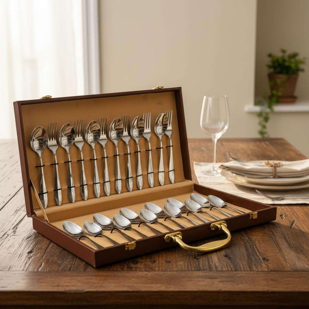 ELARE Silver Plated Stainless Steel Cutlery Set of 24 Pieces with Leatherette Box | Premium Silver Finish Spoon Fork Set for Dining Table | Luxury Festival Gifting Cutlery Set | Home & kitchen dining. 3
