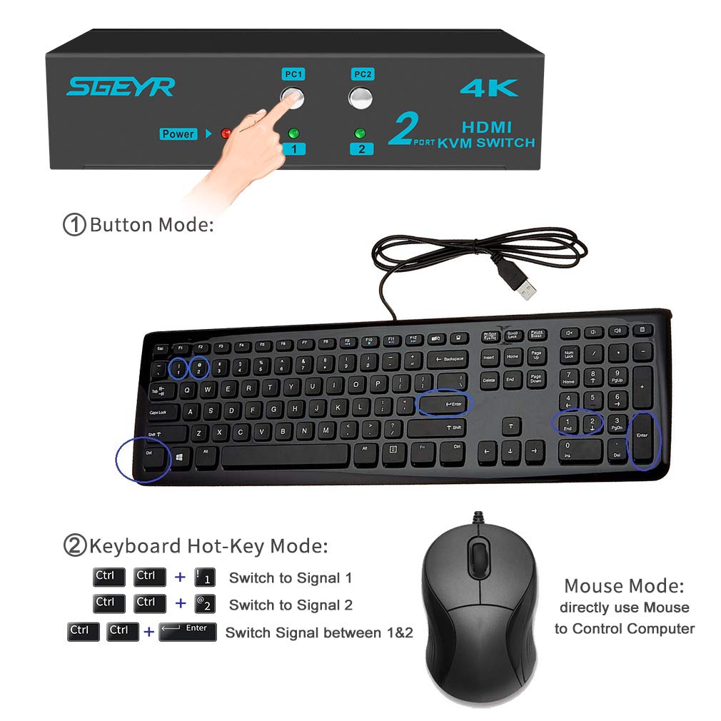 SGEYR 4K KVM Switch HDMI v1.4 2 Port KVM USB Switch 2 In 1 Out Keyboard and Mouse Switcher Support 4K 30Hz Full HD 3D 1080P USB 2.0 Device for TV PC Projector Game Consoles 5