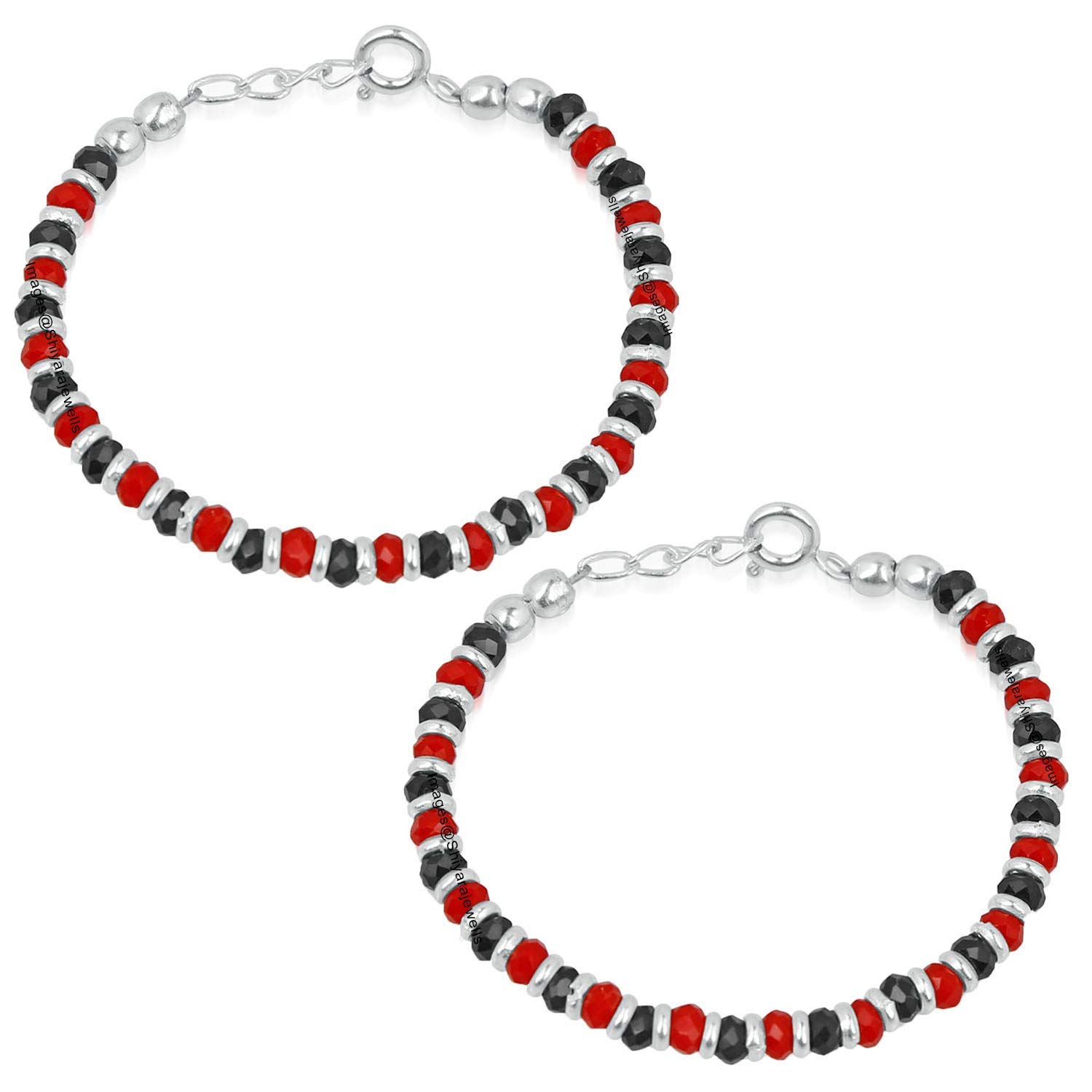Nemichand Jewels 925 Sterling Pure Silver(Chandi) Black & Red Bead Crystal Nazariya Bangle/Bracelet For Kids - One Pair 1