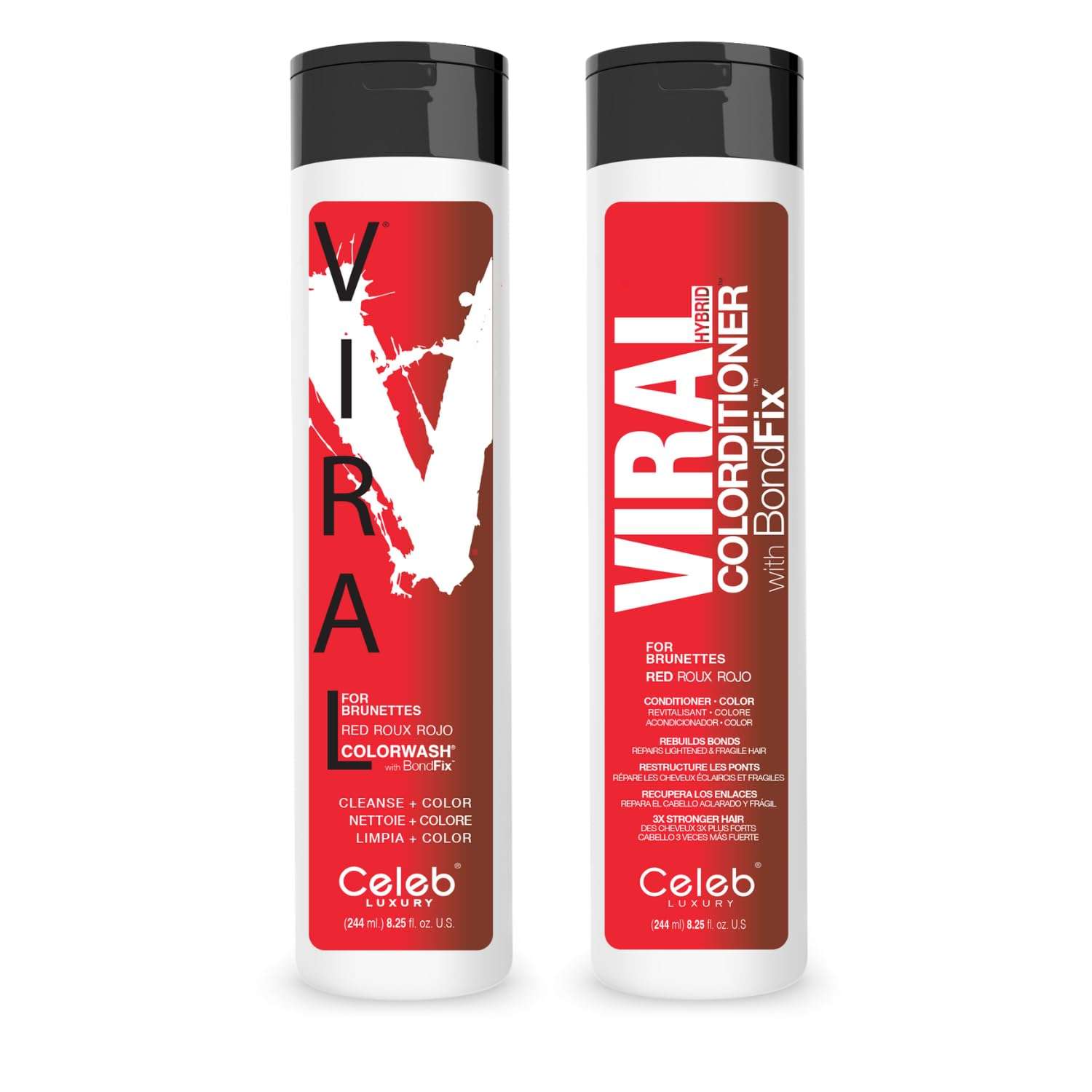 Celeb Luxury Red Duo Color Depositing Colorwash Shampoo & Conditioner Set for Brunettes + Bondfix Bond Rebuilder, Semi Permanent Hair Color, Vegan Hair Dye 1
