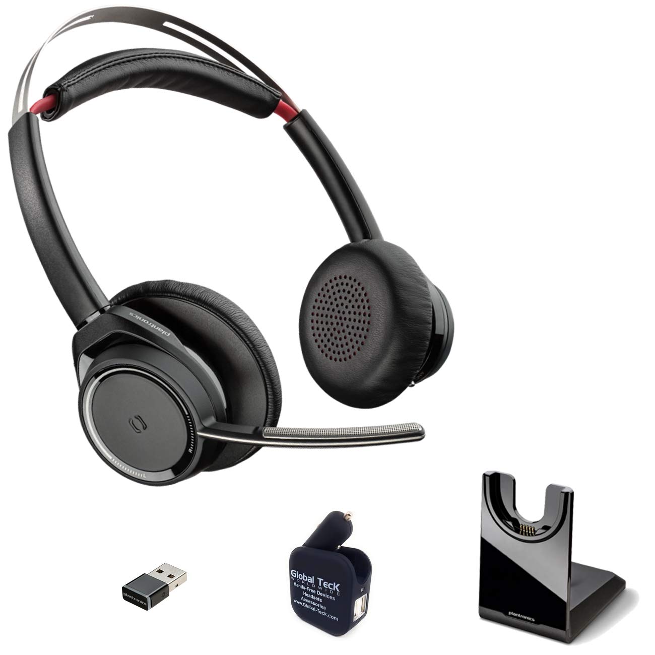Poly Voyager Focus UC B825 Wireless Bluetooth Stereo Computer Headphones w/Boom Mic, 12 Hours Talk Time, Active Noise Canceling Noisy Work Environments, Plantronics Sound Quality, Stand, Cloth, Dongle 1