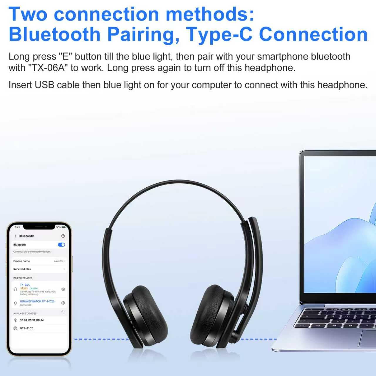 MOERTEK Bluetooth Headphone On Ear, Noise-canceling Headphone, Wireless Headphones with Microphone for Calls, Lightweight Comfortable Headset with Android and iOS Compatible 5