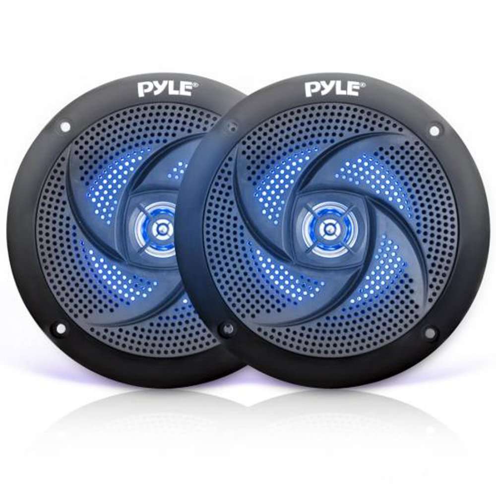 Pyle Low-Profile Waterproof Marine Speakers - 100W 4 Inch 2 Way 1 Pair Slim Style Waterproof Weather Resistant Outdoor Audio Stereo Sound System w/ Blue Illuminating LED Lights - Pyle (Black) 1