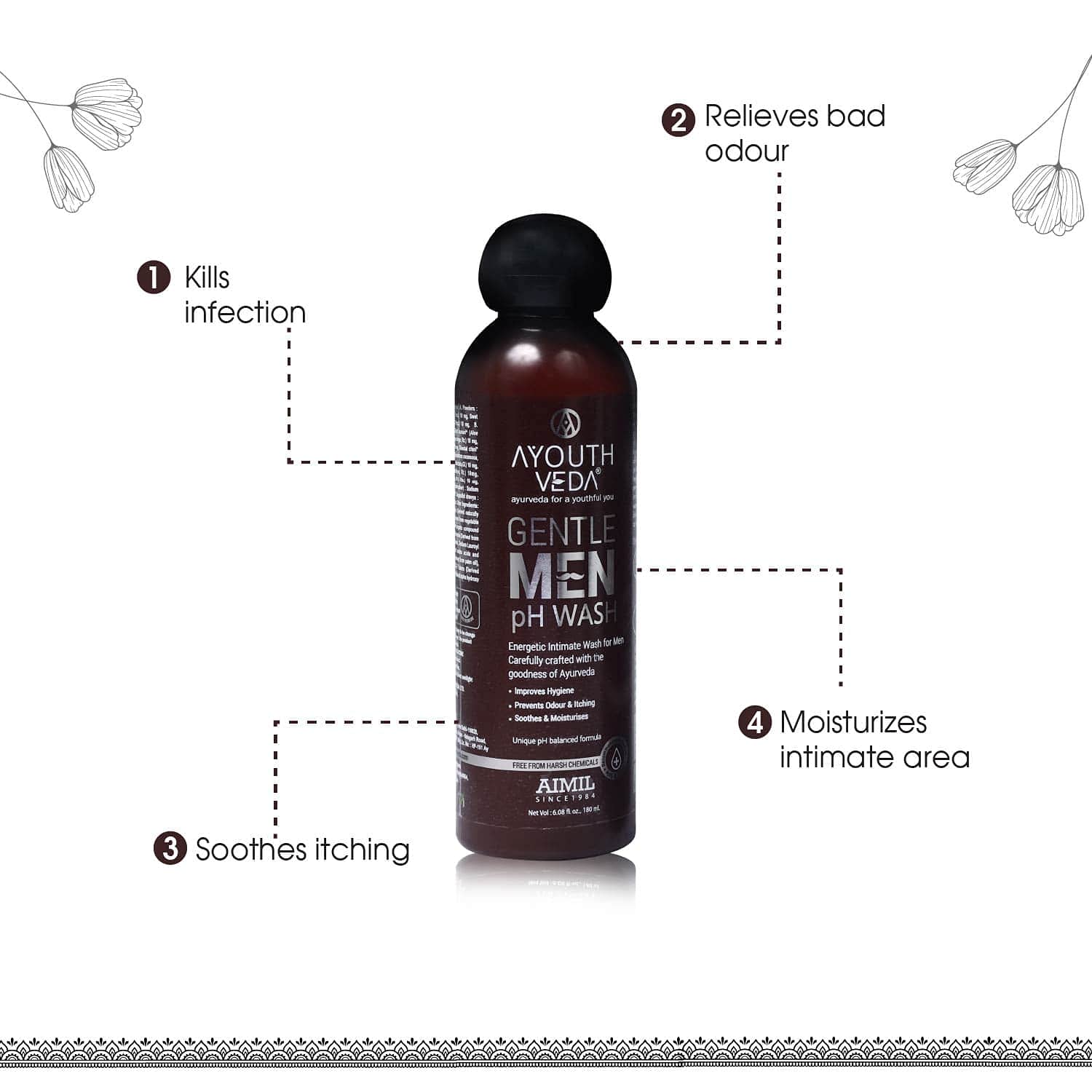 Ayouthveda Gentlemen PH Wash | Intimate Hygiene Wash For Men | PH Balancing Formula, Prevents Dryness, Itchiness & Bad Odor | Enriched With Aloe Vera, Haridra & Ashwagandha (Pack Of 3-180ml each) 3