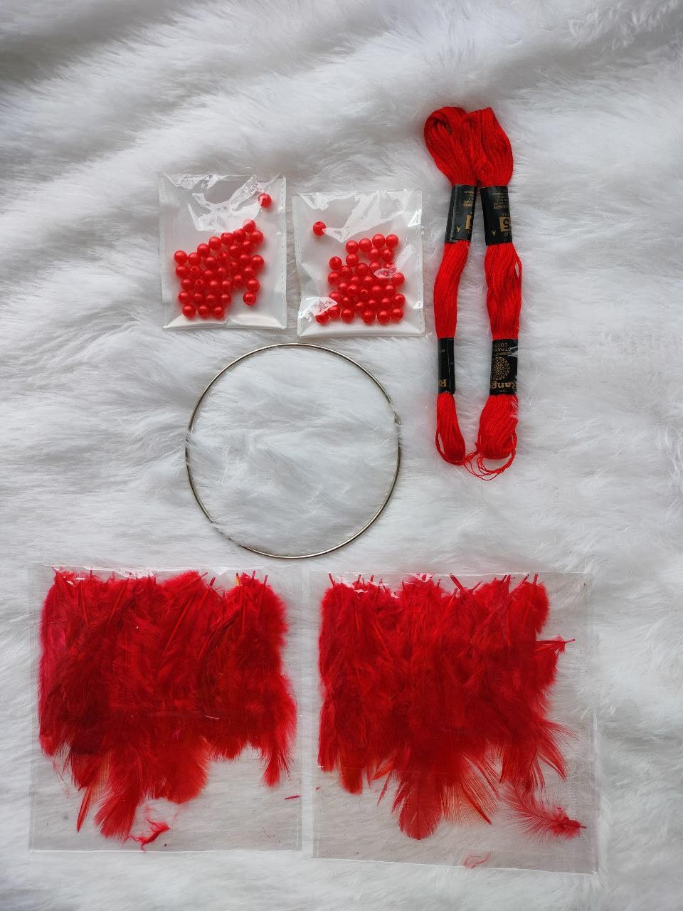 Manka Atado Dreamcatcher Making kit RED Colour Includes 4 inch Ring, 2 Feathers Packets, 2 Set of Threads and Matching 50 Small Beads