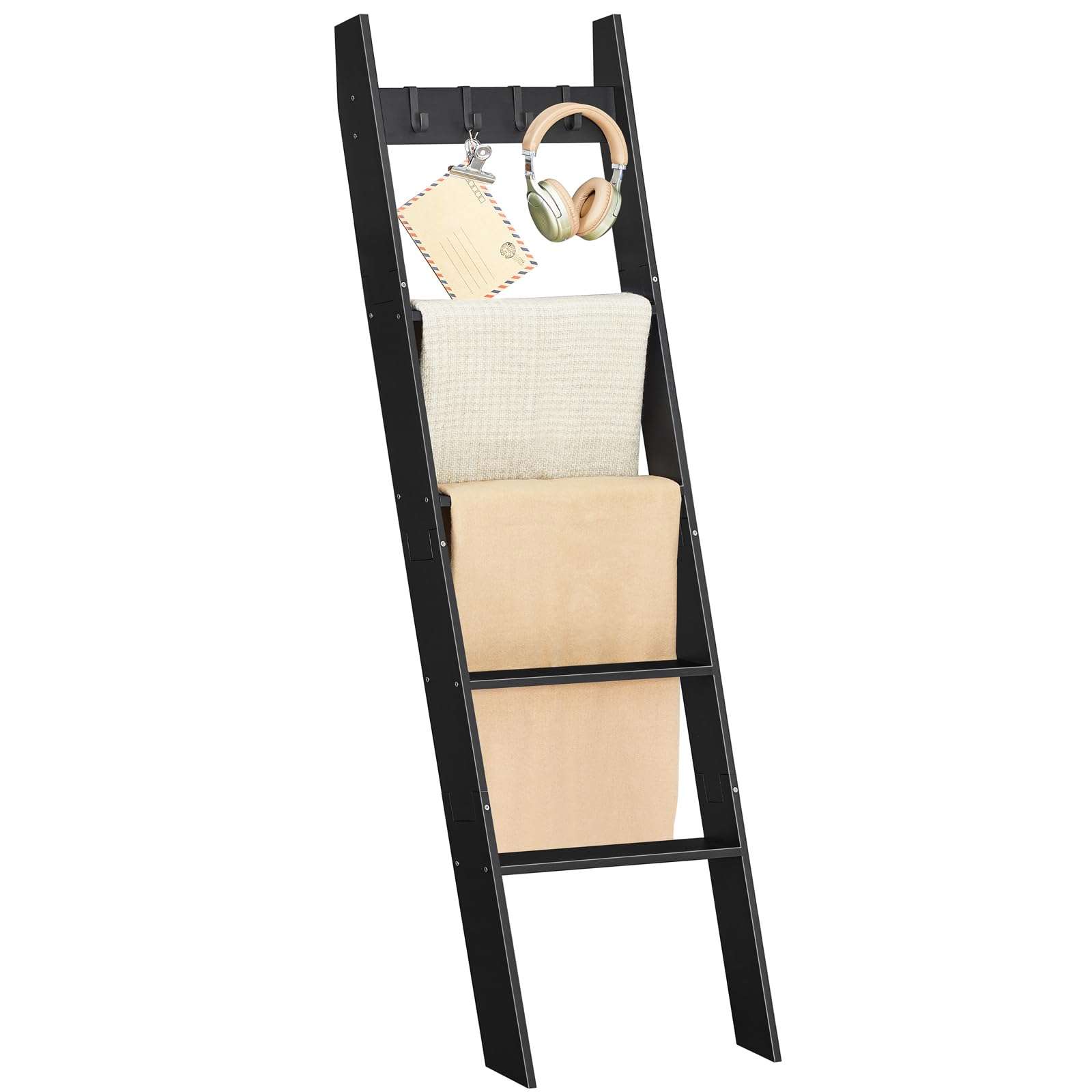 HOOBRO Blanket Ladder for Living Room and Bedroom, 5-Tier Wall Leaning Towel Rack for Bathroom, Decorative Ladder Shelf with 4 Removable Hooks, Farmhouse Blanket Storage, Black BB51CJ01G1 4