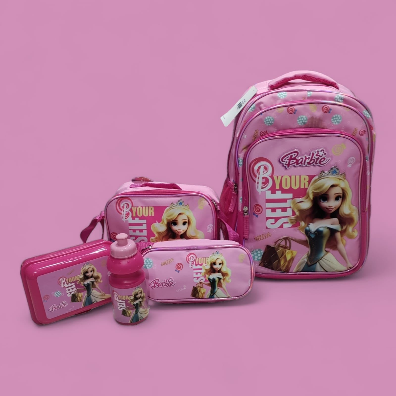 MT HUB 5 in 1 School Set Combo School Backpack, Lunch Bag, Pencil Case, Lunch Box & Waterbottle for Kids 1st to 5th Class Students (Set of 1) (BARBIE) 3
