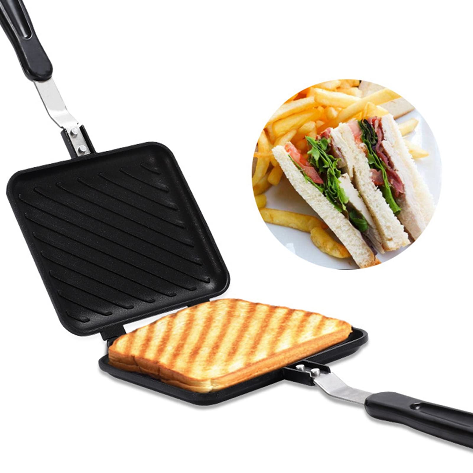 Frying Pan, Double Sided Frying Pan, Aluminum Alloy Sandwich Pan Flat Bottom Nonstick Sandwich Panini Maker Pan for Toaster Breakfast Sandwich Maker Pan 4