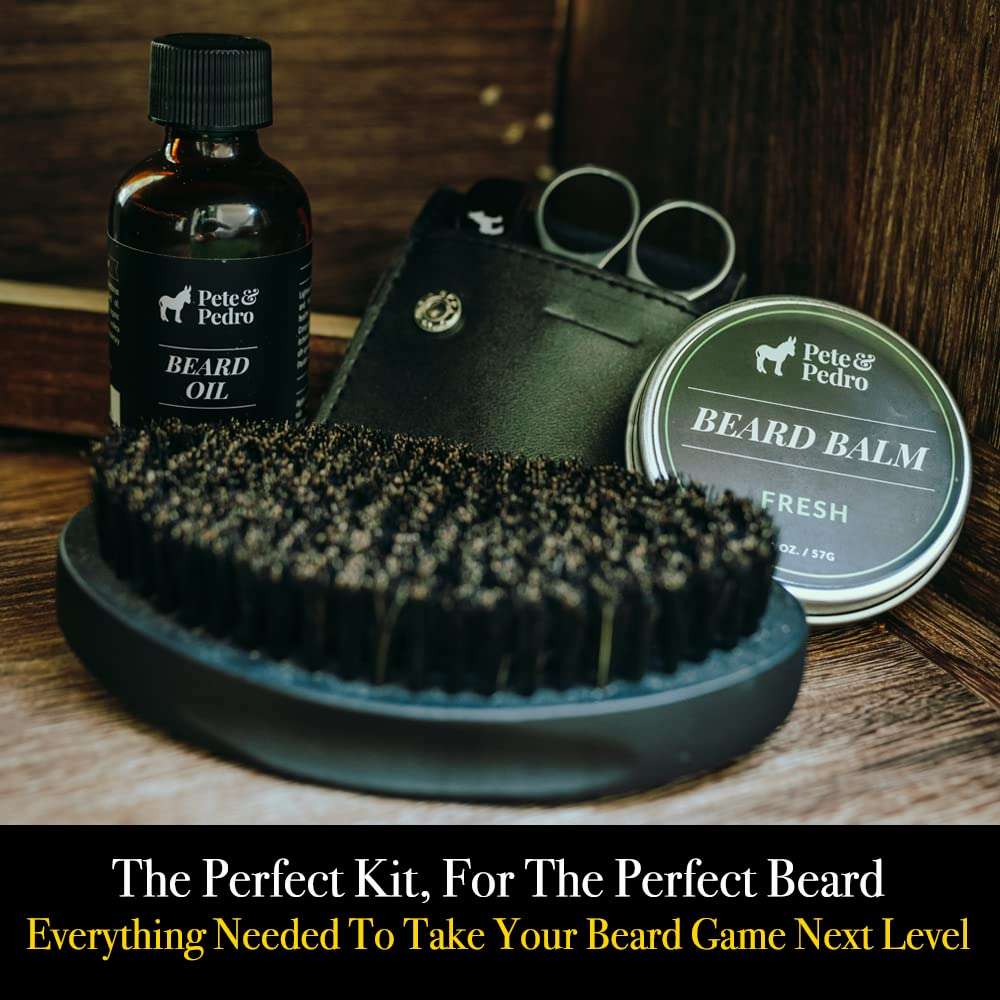 Pete & Pedro 4-Piece Beard Care Kit for Legendary Facial Hair - Grooming Styling Set | Beard Care Comb & Scissors Set, Military Oval Brush, Beard Balm, & Beard Oil | As Seen on Shark Tank, 4 PC Set 4