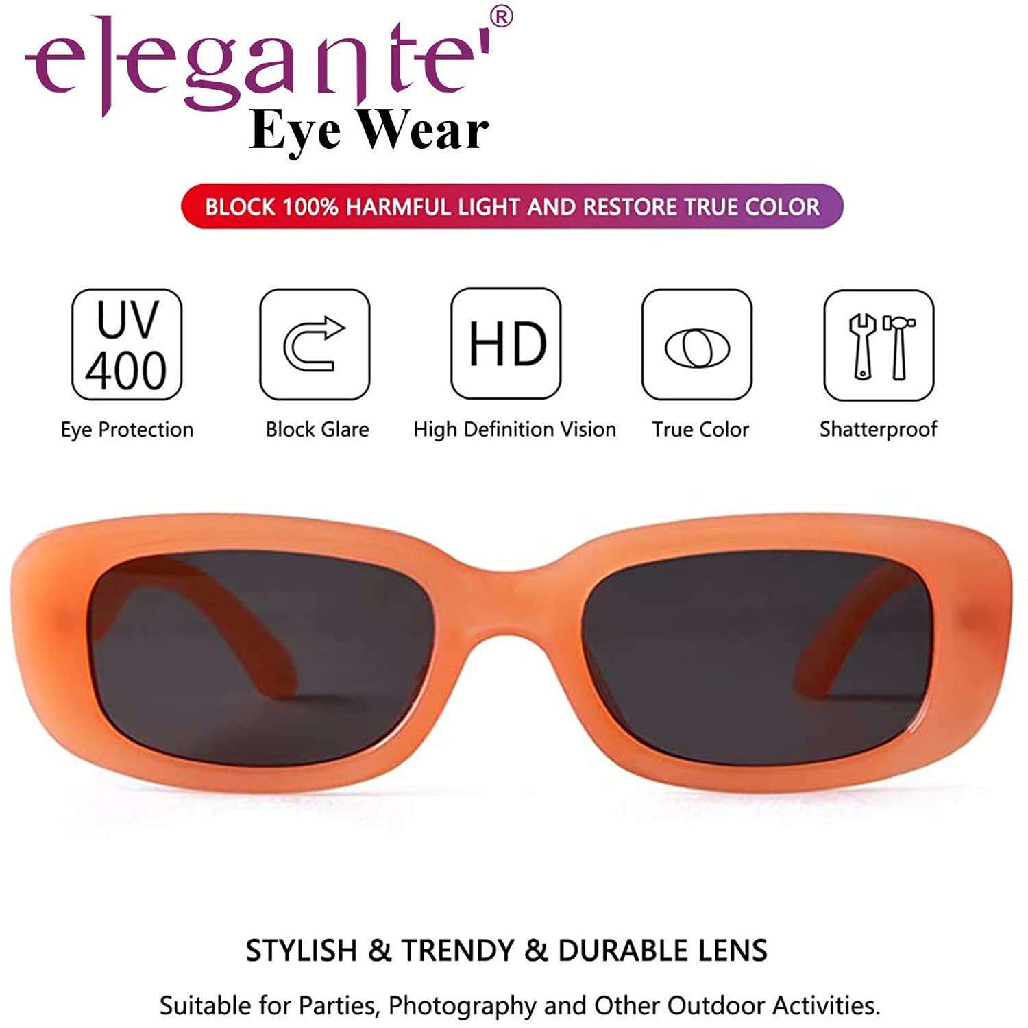 ELEGANTE Rectanglular Sunglasses For Women Retro Driving Sunlgasses Vintage Fashion Narrow Square Frame Uv400 Protection (Orange, Uv Protected) 2