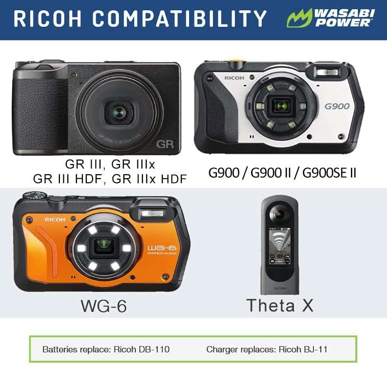 Wasabi Power DB-110 Battery (2-Pack) and Charger for Ricoh GR III, GR IIIx, Theta X, WG-6, and G900, G900 II, G900SE II 2