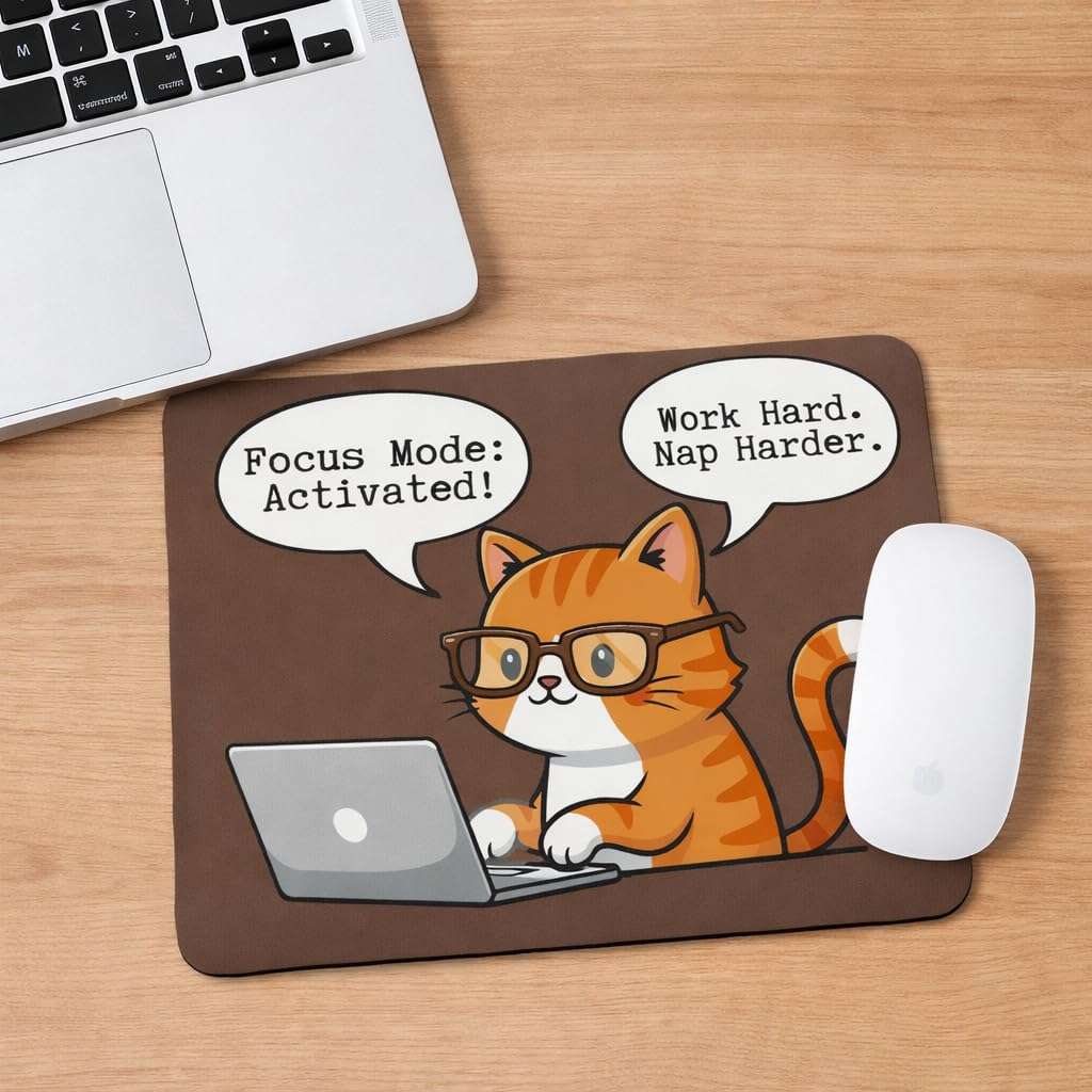 Funny Cat Mouse Pad with Focus Mode Activated Quote, Brown, Non-Slip Rubber Base, 3mm Cushioned Support, Office and Home Desk Accessory 3