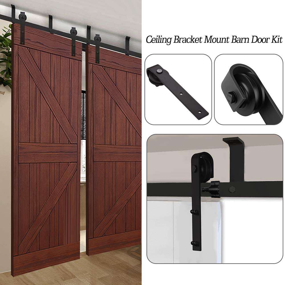 Ceiling Mount Barn Door Hardware Kit 6ft, CCJH Sliding Track for Kitchen Cabinet Black, Fit 18" Wide Double Door Panels [J Shape Hanger] 2
