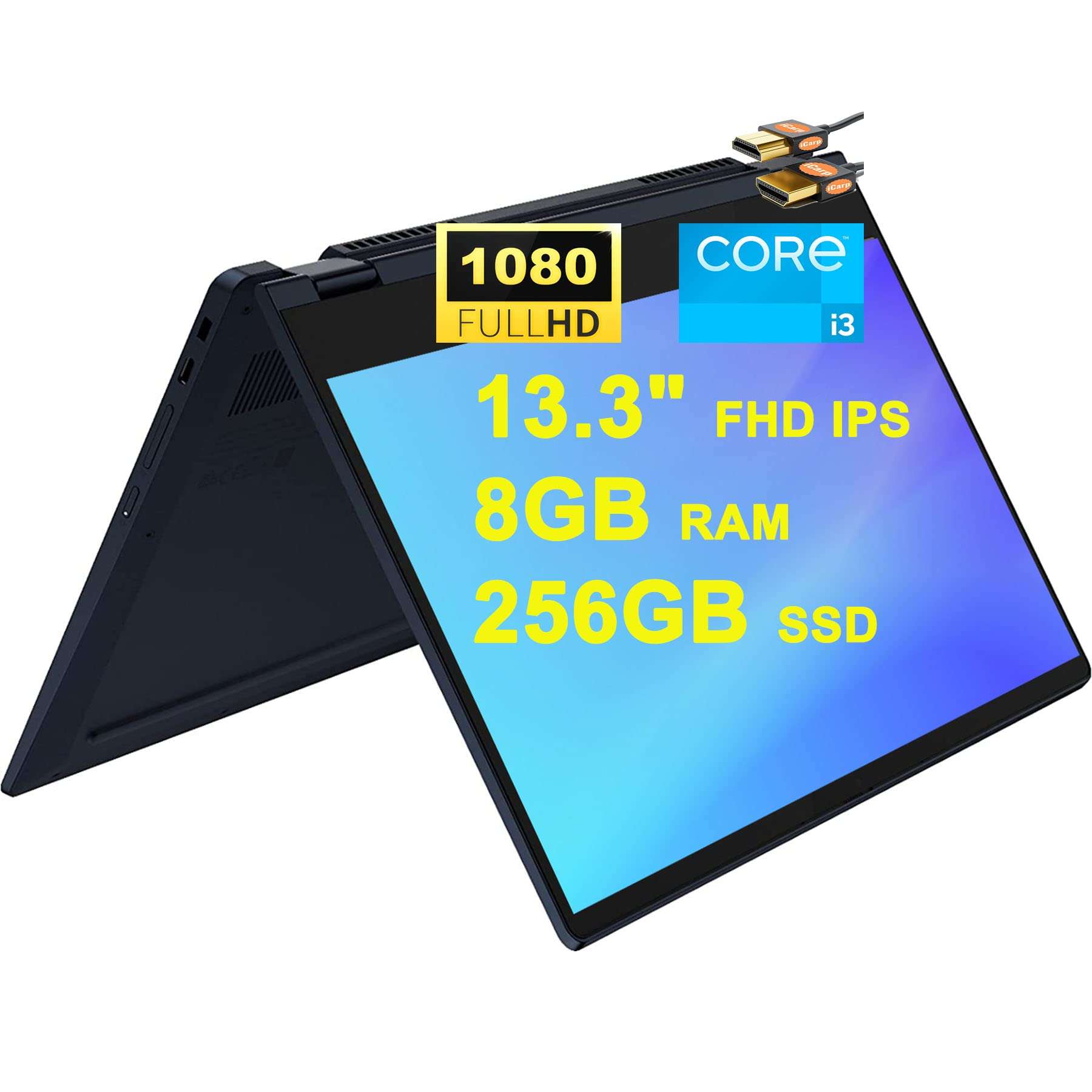 Lenovo IdeaPad Flex 5 Chromebook 13 2-in-1 Laptop 13.3" FHD IPS Glossy Touchscreen 11th Generation Intel i3-1115G4 Processor 8GB RAM 256GB SSD Backlit Keyboard USB-C ChromeOS Blue + HDMI Cable 1