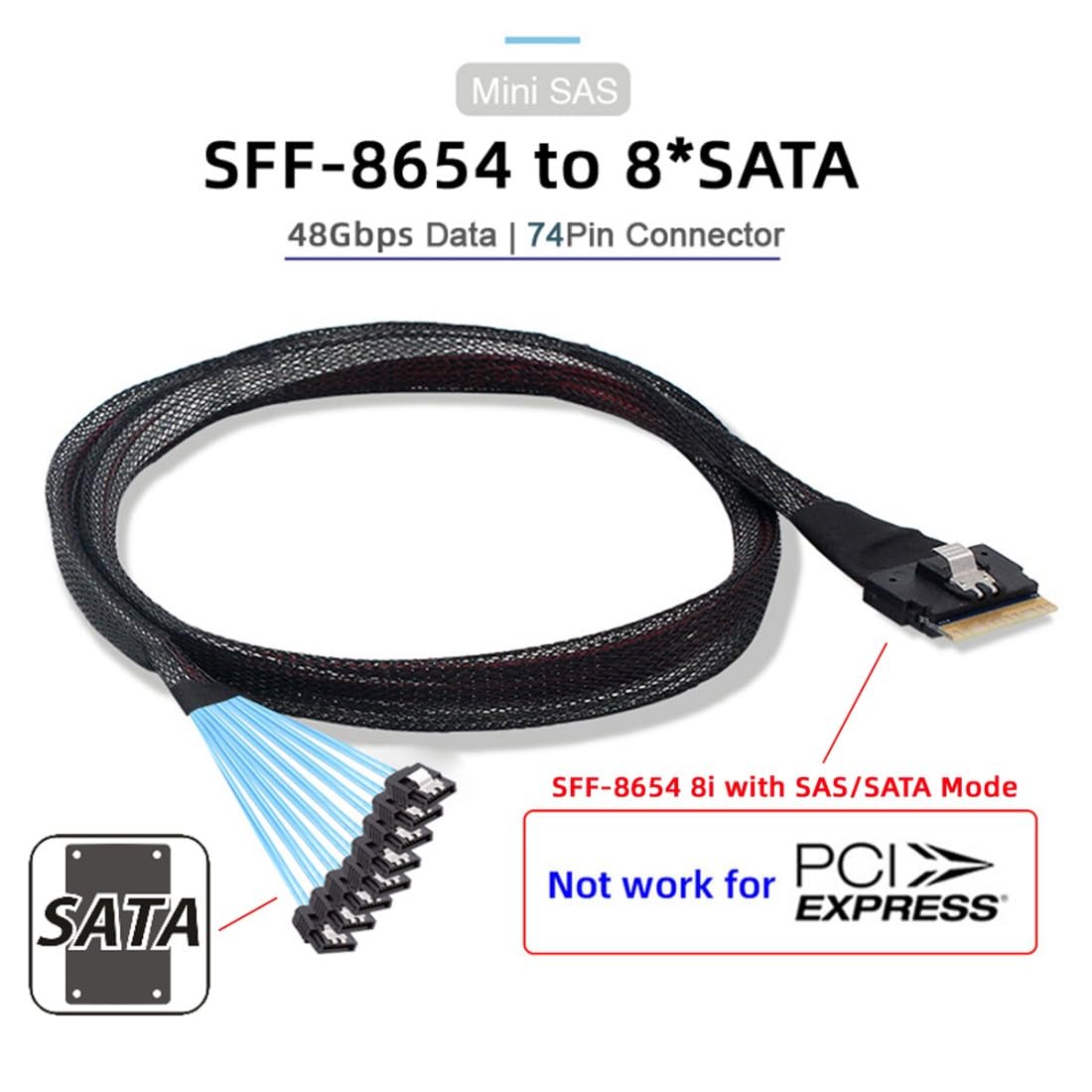 chenyang SlimSAS Host/RAID to SATA Target Cable,Slim SAS 4.0 SFF-8654 8i 74Pin 1 to 8 SATA 7Pin Raid Controller/Hard Drive Cable 3.28FT/1.0M 3