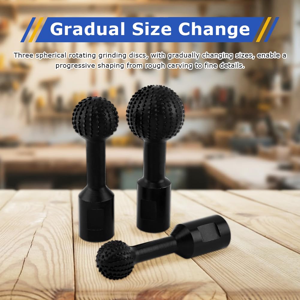 3PCS Sphere Rotary Burr, 360° Sphere Rotary Burr,5/8-11 Thread Ball Gouge Attachments for 4-1/2" & 5" Angle Grinders Carbide Steel Power for Wood Hollowing, Slotting, Engraving 5