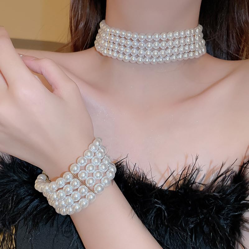 Chargances 2pcs 1920s Faux Pearl Jewelry Set Dainty 4-tier Pearl Necklace Multi-Layered Chunky Bracelet Bridal Wedding Accessories for Women 3