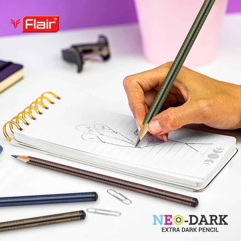 FLAIR Creative Series Neo-Dark 2B Extra Dark Graphite Triangular Pencil | Sharpener & Eraser Included in the Box | Pack Of 20 Pencils 6