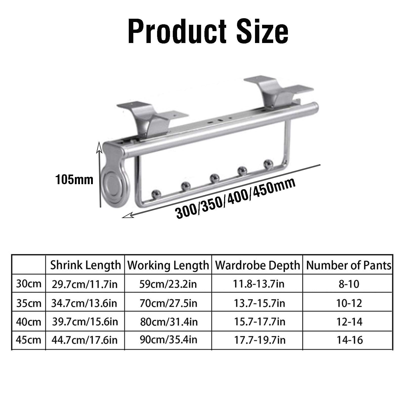 Pull Out Trousers Rack,Adjustable Hanger Rail Rod,Closet Clothes Hanger Rail,for Wardrobe Trousers Clothing Storage,Save Space,Loading Capacity 20 Kg(White,30cm/11.8inch) (WHI 3