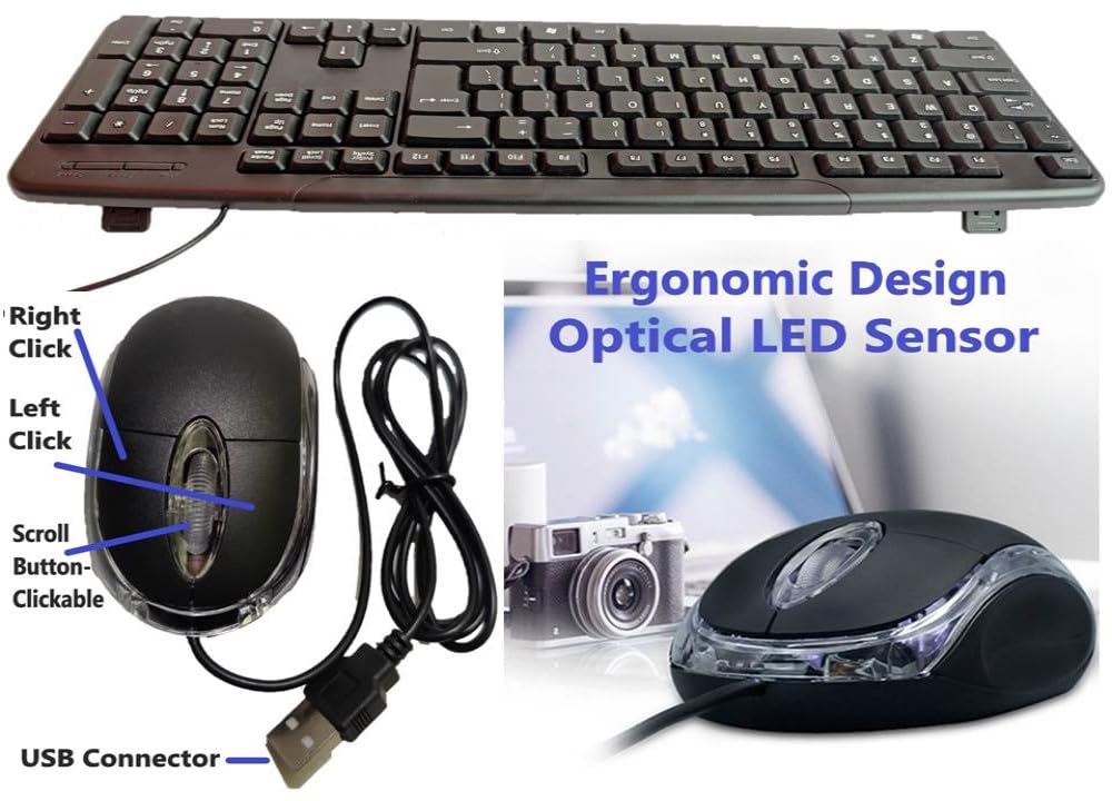 Anjo 8 in 1 Combo of Wired Keyboard, Wired Mouse, Anti-Skid Mouse Pad, USB Hub 3.0, Multi-Purpose Cleaner & Cloth 100ml, OTG Micro & C to A Type, USB Extension Cable Male to Female Type A 1.5m 3