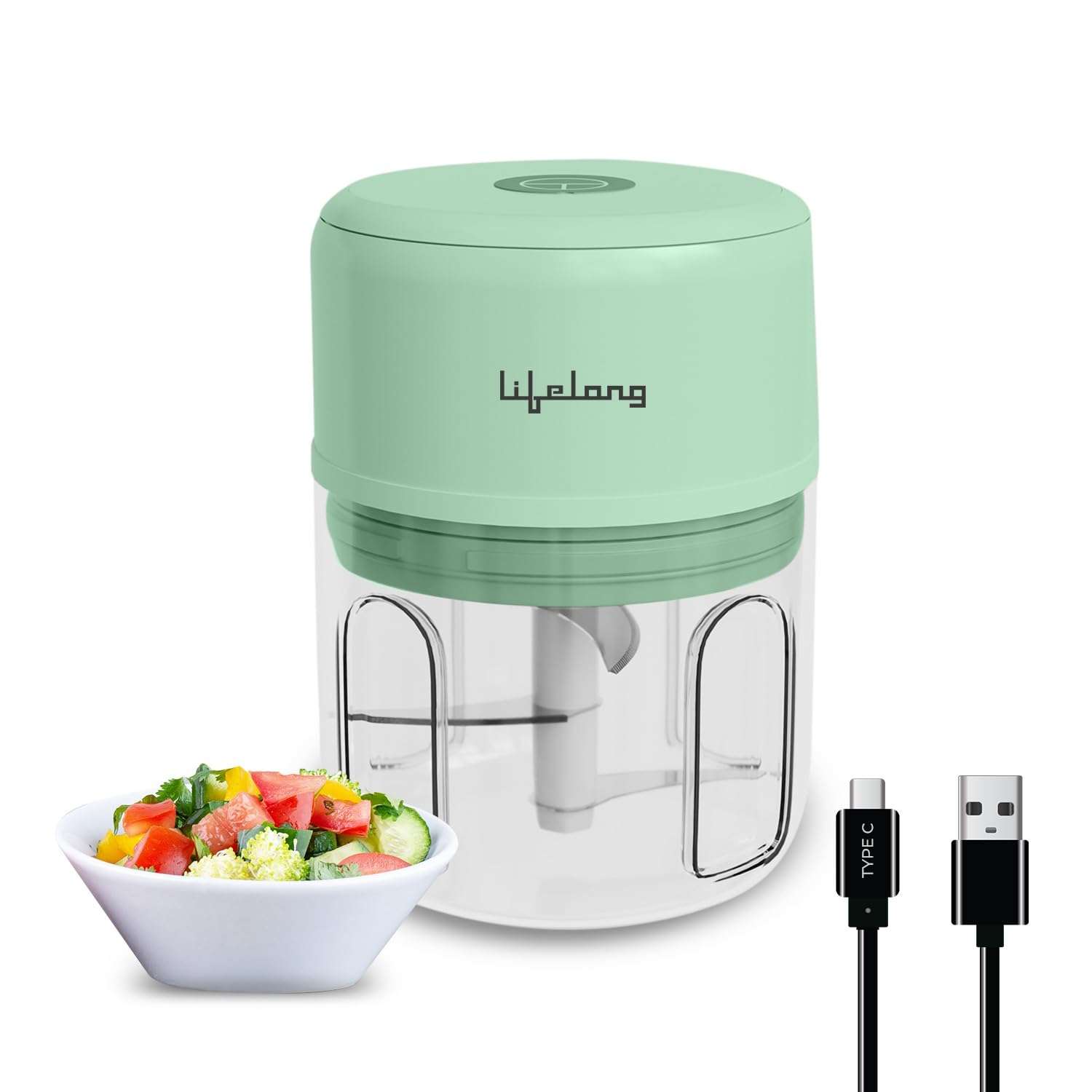 Lifelong USB Rechargeable Wireless Electric Chopper for Kitchen 30 Watts with Stainless Steel Blades for Onion, Garlic, Vegetables, Nuts - 250 ml (Green) 1