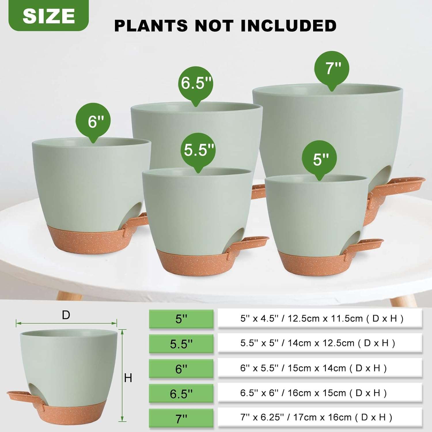 INKULTURE Flower Pot for Indoor Plants – Self Watering Plant Pot Set of 5, Multi Size Plastic Planter with Drainage Hole & Watering Lip (7/6.5/6/5.5/5 Inch) Green | Pots for Home, Office & Succulents 3