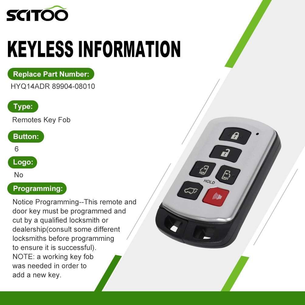 SCITOO Keyless Entry Remote Key Fob Replacement for 6 Buttons Uncut Car Key for Toyota Sienna 2011-2019 2pcs FCC HYQ14ADR 314.3MHz 4