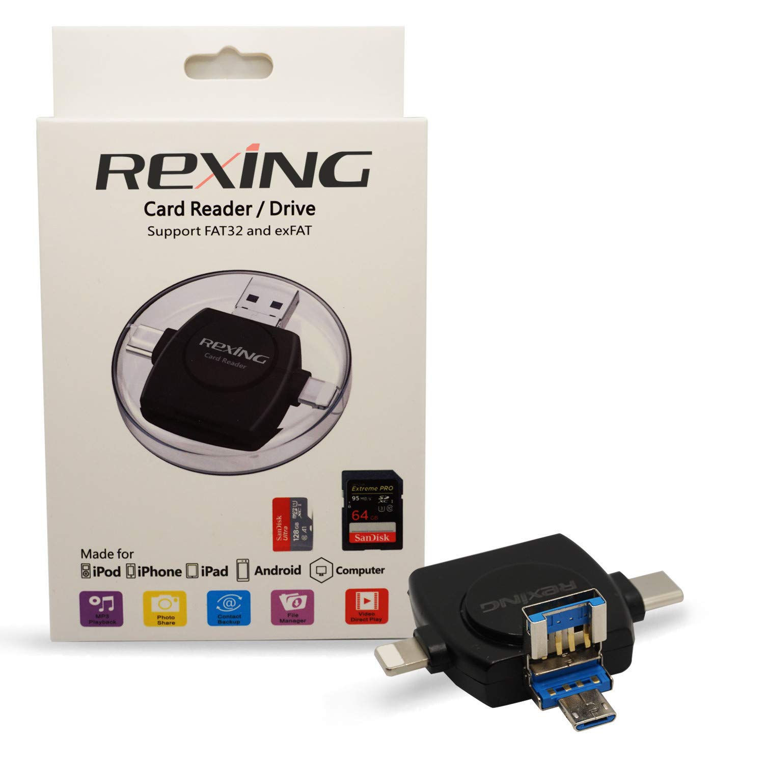 Rexing Trail Camera Card Viewer, 4-in-1 Binoculars SD Card Reader for iOS and Android, Micro SD/TF Card Adapter to View Game Camera Photos and Videos on Smart Devices