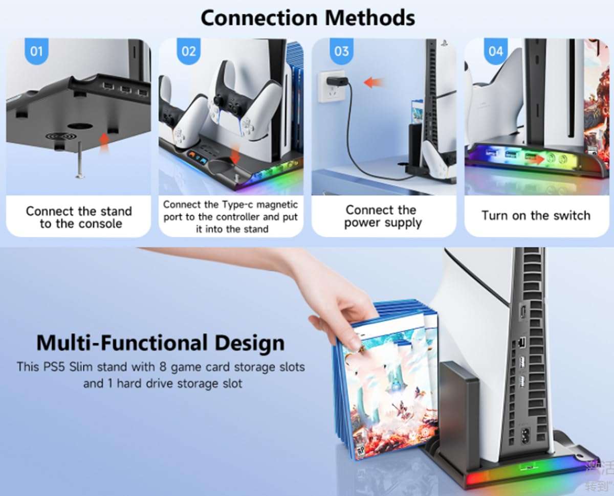 ZLiT for PS5 Slim Console Charging Dock,3-in-1 Console Cooling Station Base Charging Dock with Disc Storage Rack for Playstation5 Slim Consoles Charger (White) 6