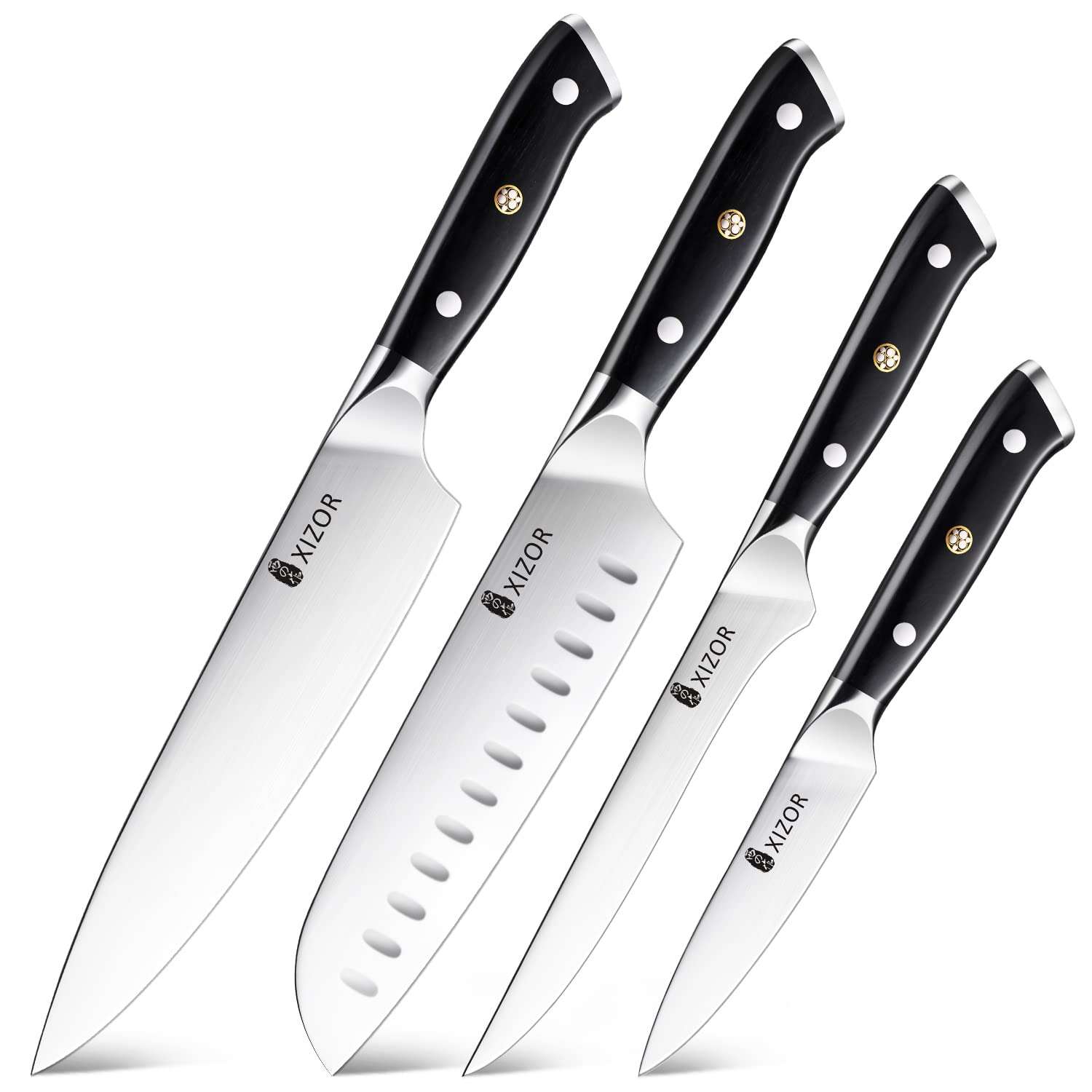 XIZOR 4-Piece Kitchen Knife Set, Includes 8“ Chef knife, 7“ Santoku knife, 6“ Boning Knife, 3.5“ Fruit Knife, Sharp High Carbon German Steel Blade, Full Tang Handle Ergonomic Design 2
