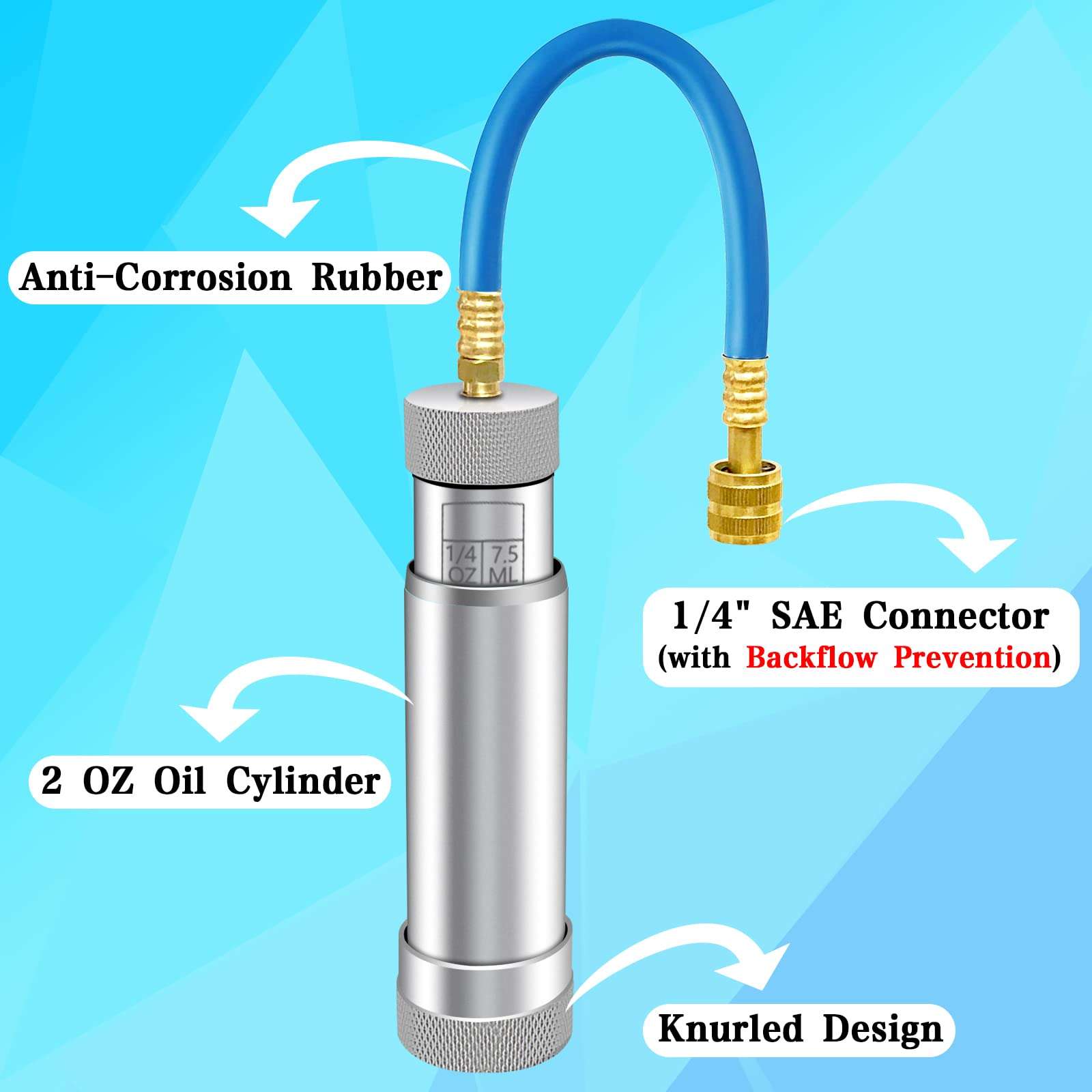AC Oil Injector for R1234YF, R134A, R410A, HVAC Dye Oil Injector with 1/4" SAE Connector, 2 OZ Refrigerant Hand Turn AC Oil Injector Tool, for R1234YF R134A R410A Refrigerant System 5