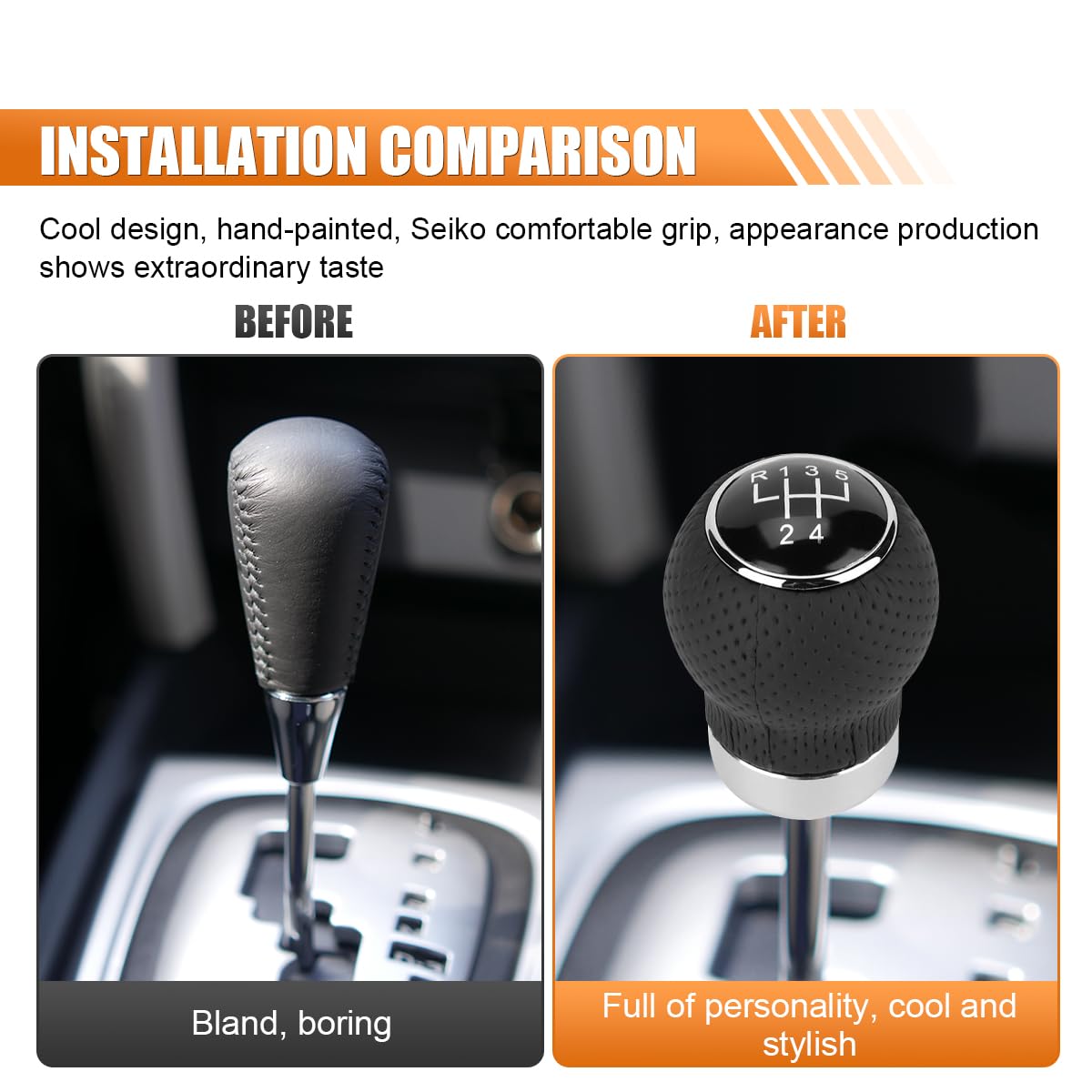 Car Shift Knob - 5 Speed Transmission Head, Black Leather Handle, Universal Lever Kit for Automatic or Manual Gear (Black 5-Stop R, Round) 5