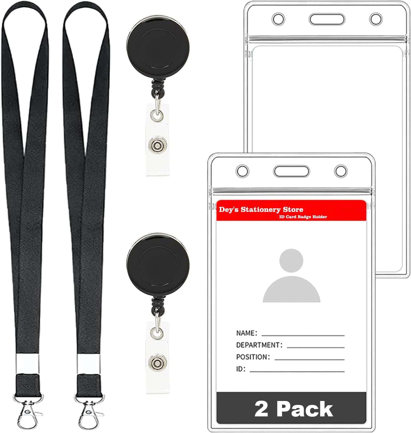 Dey 's Stationery Store Clear Card Holder with Lanyard and Bedge Reel (Pack of 2) - Sealable Waterproof Clear ID Card Badge Holder with Swivel J Hook 1