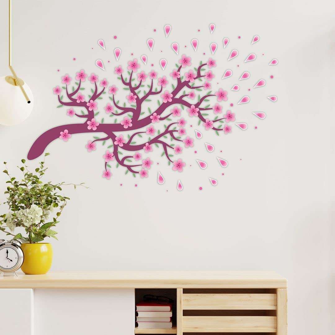 KREEPO Pink Flower & Little Leaves Branch Self-Adhesive PVC Vinyl Wall Sticker for Wall Decor Size(60cm x 90cm)_kr5 3
