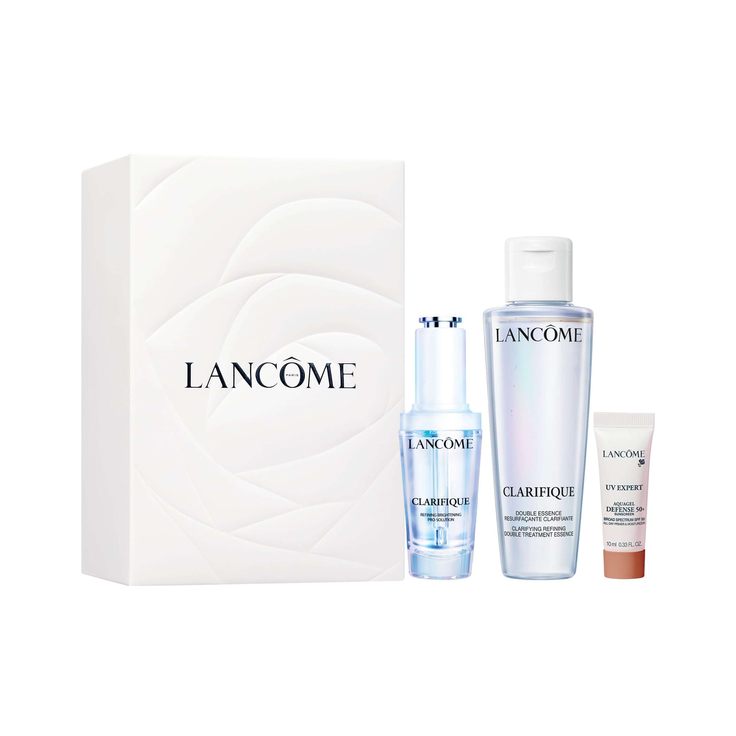 Clarifique Brightening Routine Discovery Set - Mini Clarifique Double Treatment Essence 1.7 Fl Oz, Full-Size Clarifique Pro-Solution Serum 1.0 Fl Oz, Mini UV Expert Defense SPF 50+ 0.33 Fl Oz 1