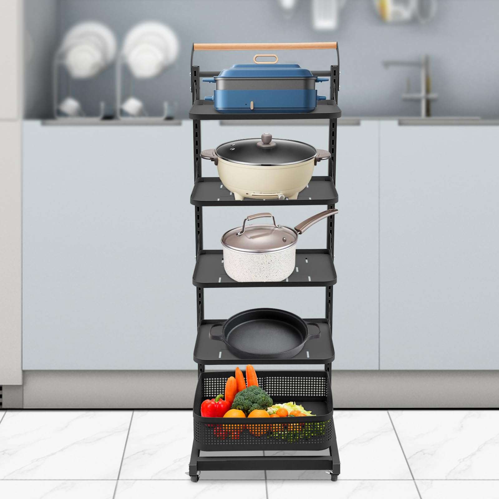 LOYALHEARTDY 5-Tier Storage Cart, Multifunction Utility Rolling Cart Kitchen Storage Organizer, Mobile Shelving Unit Cart with Lockable Wheels for Bathroom, Laundry, Living Room, Gray White 6