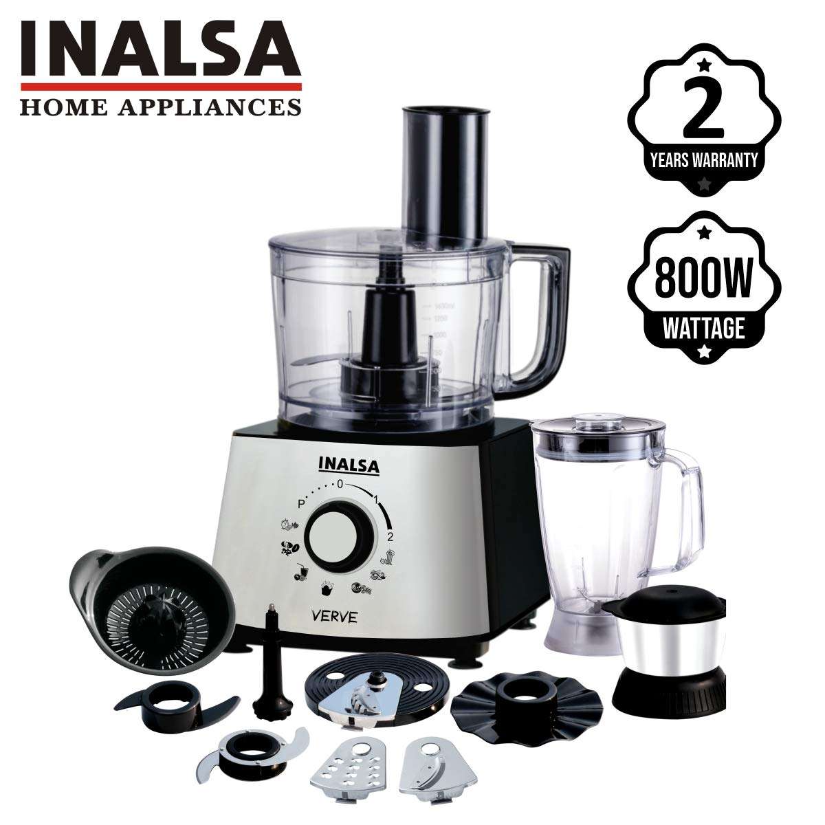 Inalsa Mixer Grinder/Food Processor 800 Watts - Verve |100% Pure Copper Motor| 2 Multipurpose Jars & 11 Accessories, (Black/Silver) 3