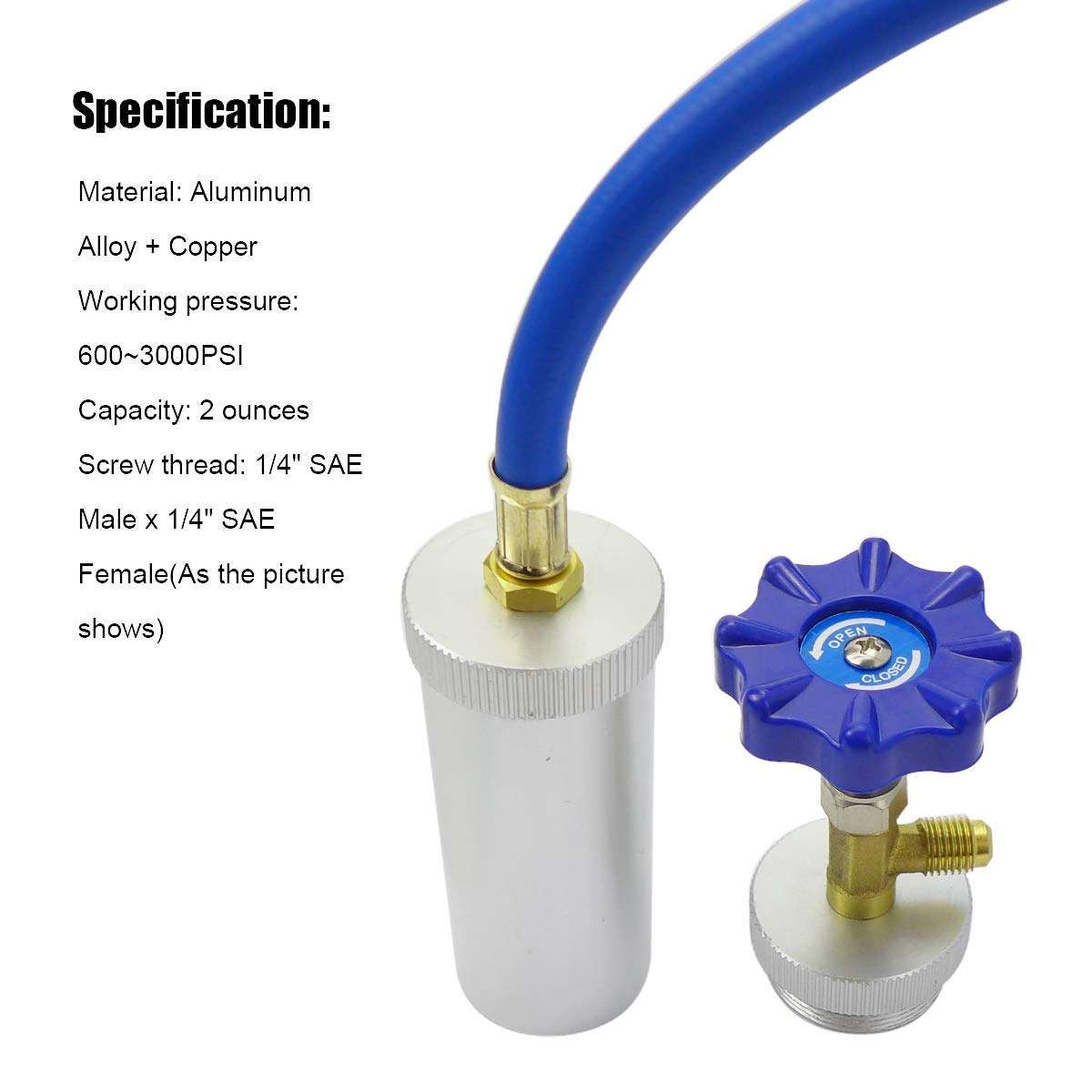 R12 AC Oil Dye Injector, R134A R12 2oz A/C Air Conditioning Injection Tool, Quick Coupler Refrigerant Oil and Dye Injector Tool, Female 1/4" SAE x Male 1/4" SAE Knob Type 6
