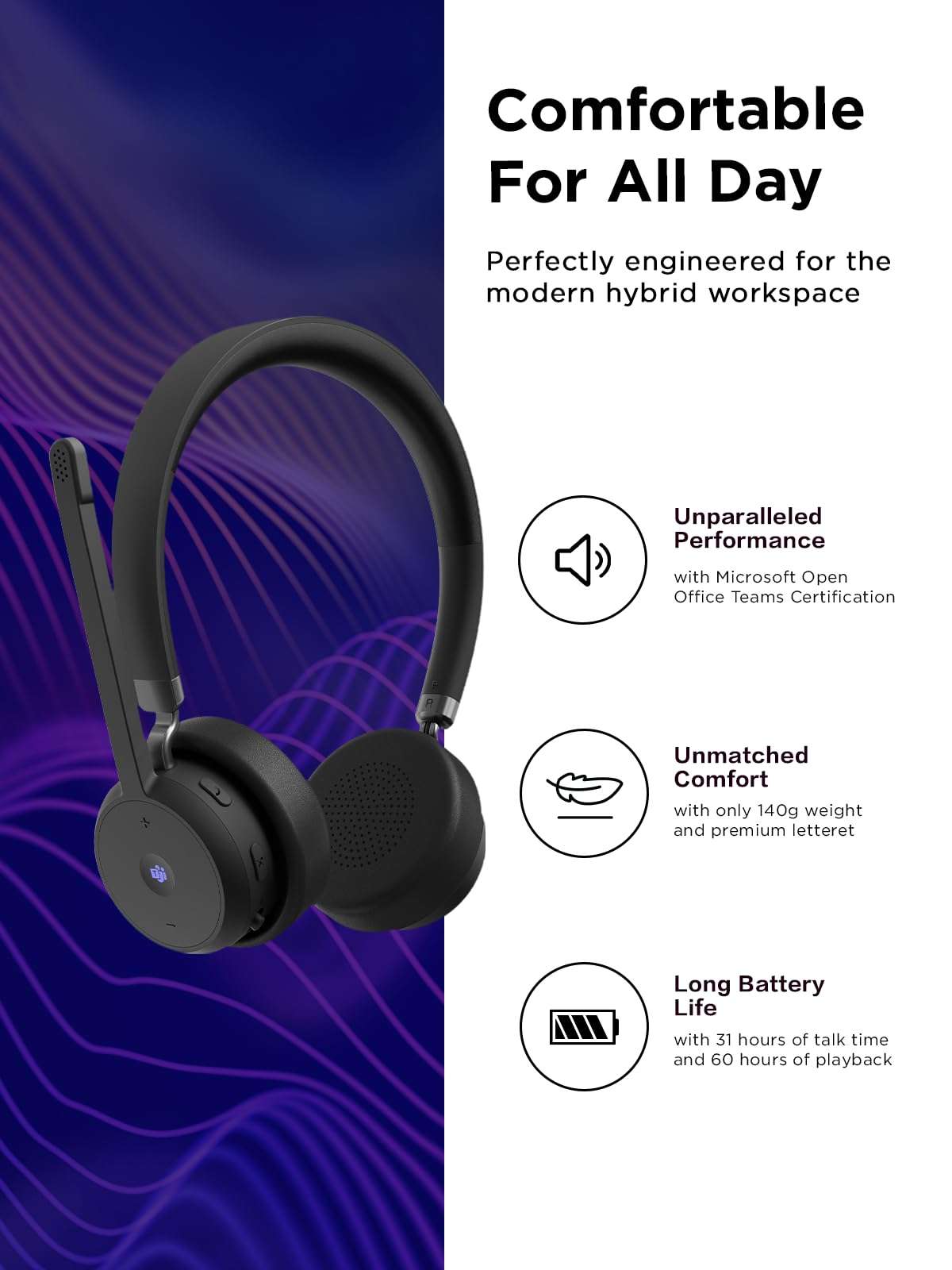 Lenovo Wireless VoIP Headset Teams Certified, Noise-Canceling Mic, Bluetooth 5.3 Multipoint, USB-A Receiver, 31-Hour Talk & 60-Hour Playback, Lightweight Over-Ear Design, Replaceable Earcups 3