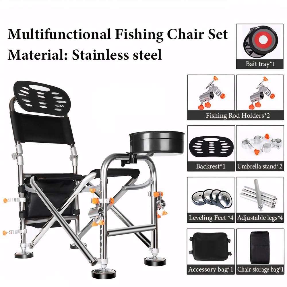 GLGGXBF Fishing Chair with Rod Holder, Folding Ice Fishing Chair, Multi-Functional Stainless Steel Fishing Stool, Height Retractable 10.5 Inch, Backrest Adjustable 180°, with Portable Storage Bag 3