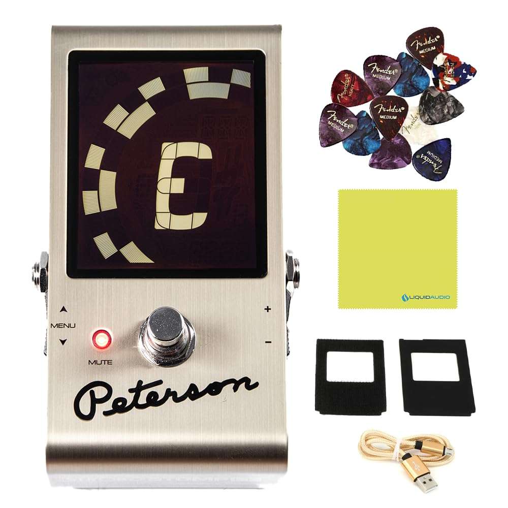 Peterson Strobe Tuner StroboStomp LE 75th Anniversary Edition Tuner Pedal Bundle with 12x Fender Guitar Picks & Liquid Audio Instrument Polishing Cloth 1