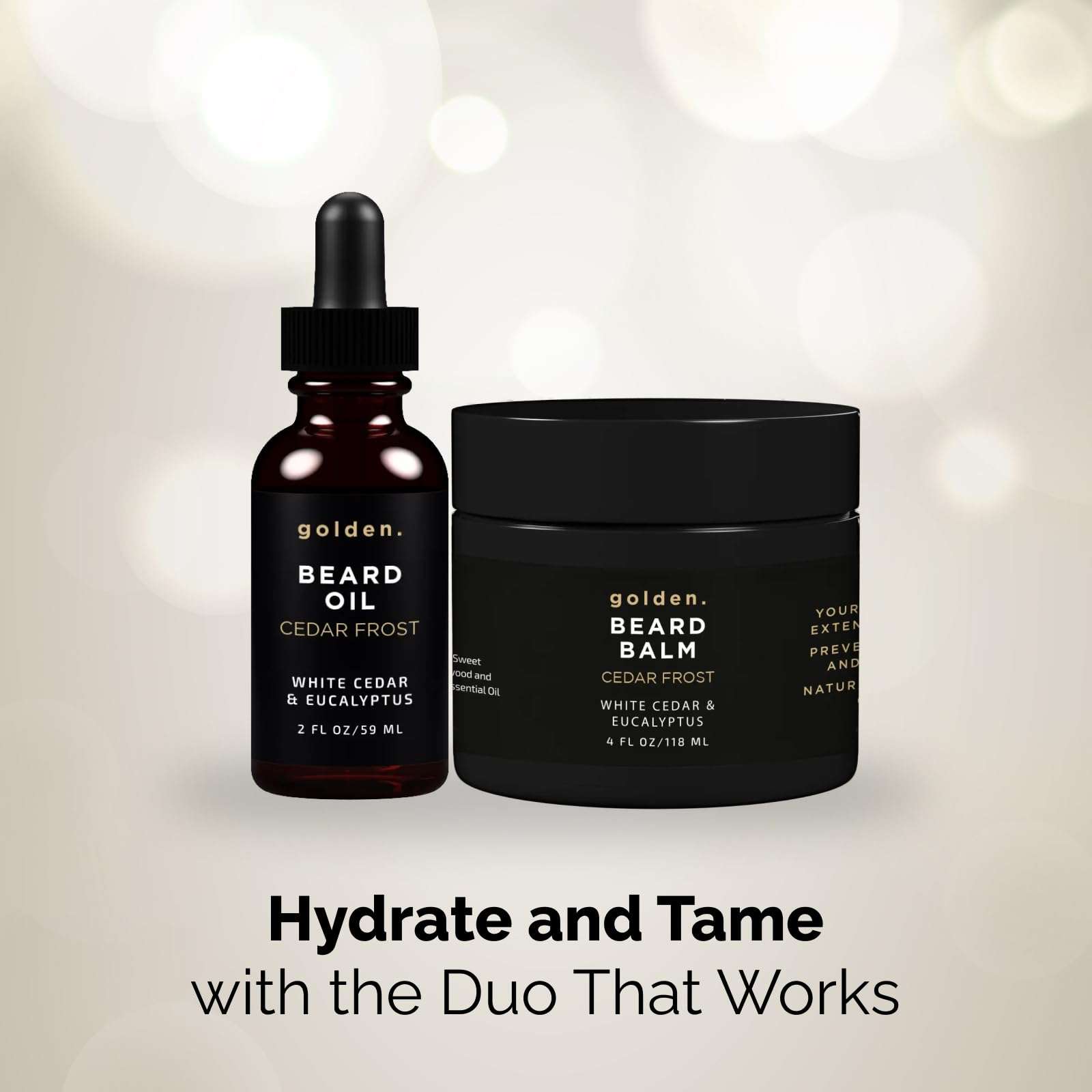 Golden Grooming Beard Oil & Balm Bundle for Men | Natural Growth Kit with Shea Butter | 4oz Balm & 2oz Oil | Cedar Frost 3