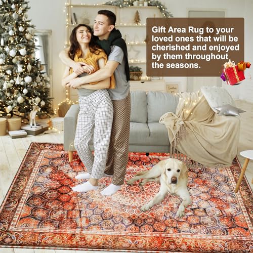 Boho Small Hallway Runner Vintage Faux Wool Throw Non Slip Washable Area Entryway Floor Carpet Red Orange Rug for Bedroom Bathroom Kitchen Laundry Entrance Office Dorm 6