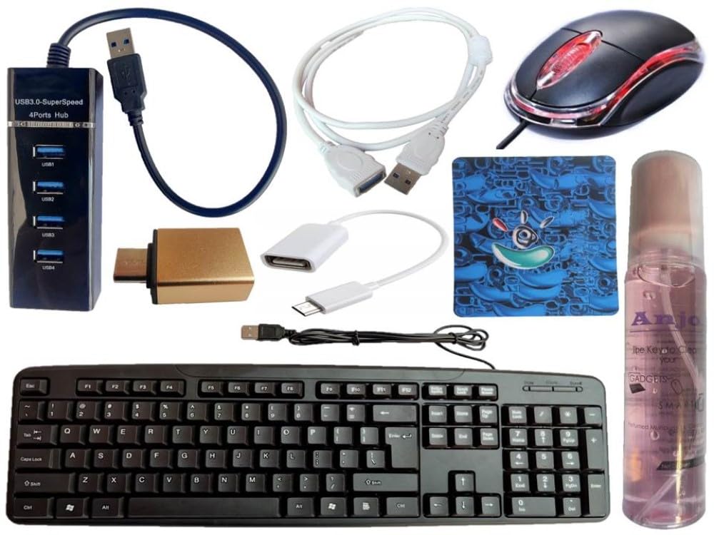Anjo 8 in 1 Combo of Wired Keyboard, Wired Mouse, Anti-Skid Mouse Pad, USB Hub 3.0, Multi-Purpose Cleaner & Cloth 100ml, OTG Micro & C to A Type, USB Extension Cable Male to Female Type A 1.5m 1