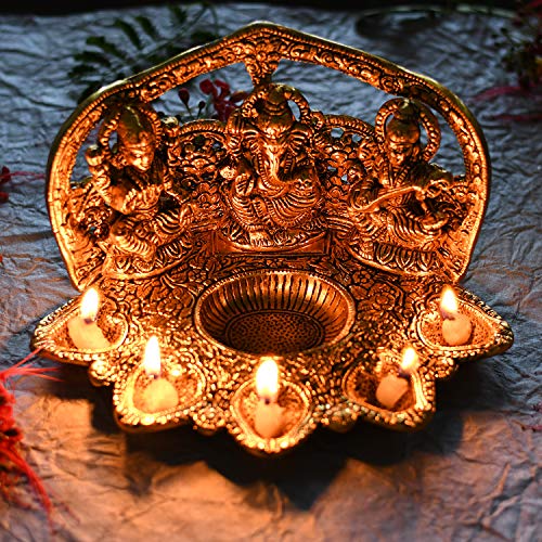 Collectible India Laxmi Ganesh Saraswati Idol Diya Oil Lamp Deepak - Metal Lakshmi Ganesha Showpiece Statue - Traditional Diya for Diwali Puja - Diwali Home Decoration Items Gifts (1) (1) 5