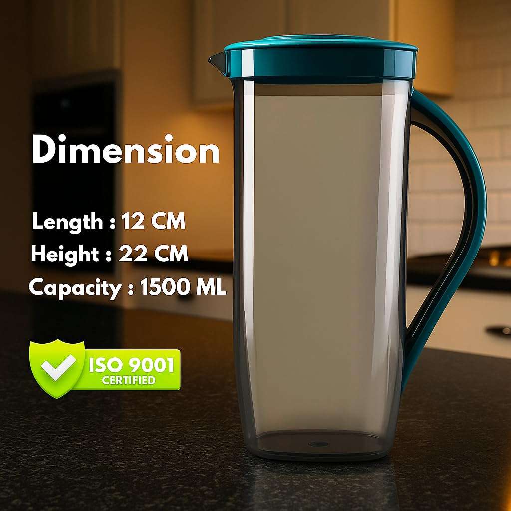 Plastic Water Jug 1.5 Liter for Fridge | Leak Proof Plastic Water Pitcher with Lid & Handle | Food Grade Lightweight Water Jug for Home, Kitchen, Dining Table & Office Use (Green LID) 6