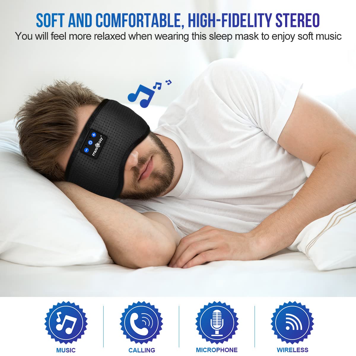 MUSICOZY Sleep Headphones Breathable Bluetooth 5.2 Headband 3D Sleeping Headphones, Wireless Eye Mask Sleep Earbuds for Side Sleeper Office Air Travel Cool Tech Gadgets Unique Gifts (Matte Black) 3